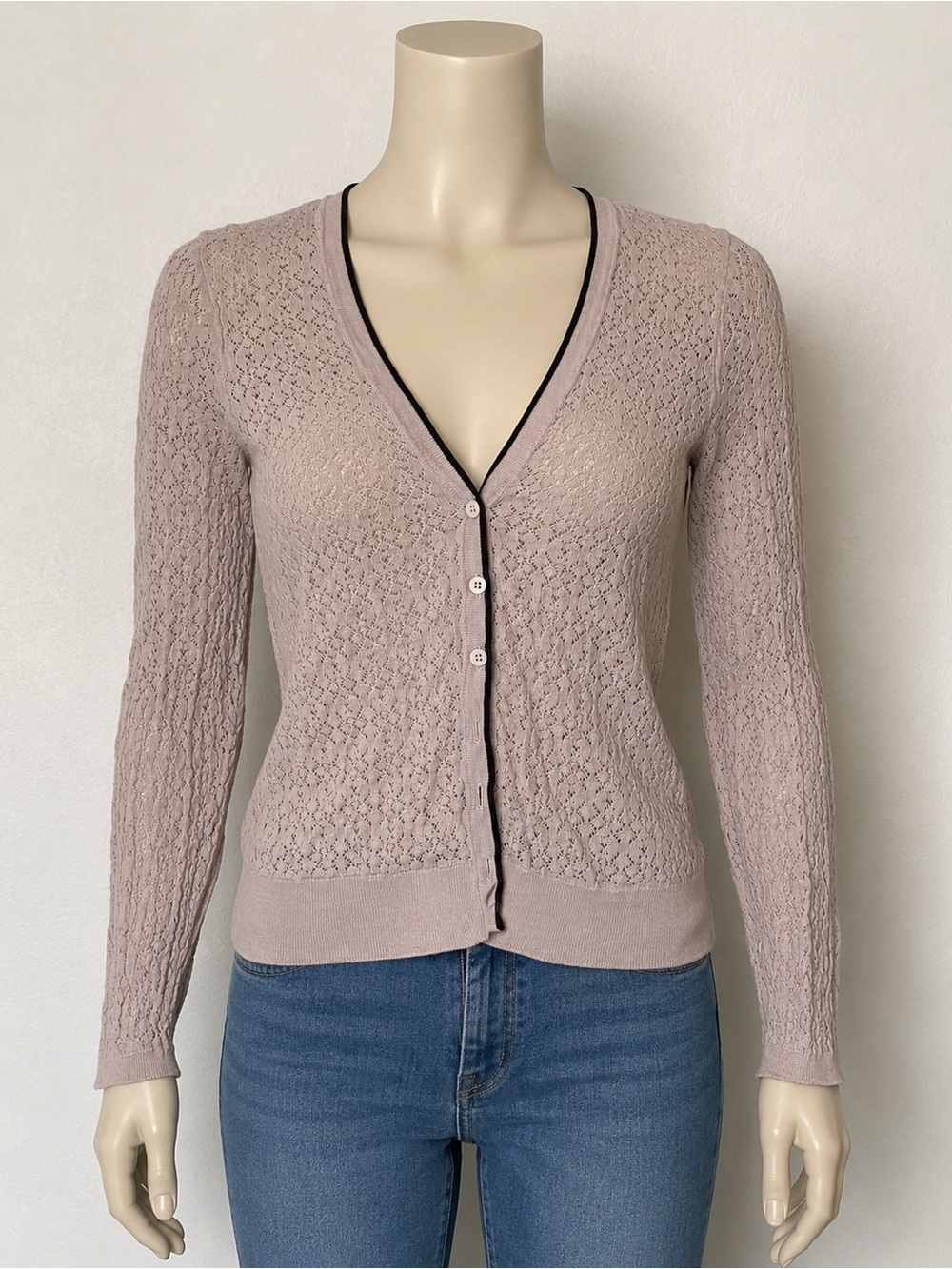 H&M Dusty Rose Lace-Knit Button Cardigan with Contrast Trim
